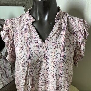 Pink and Brown Ruffled Cap Sleeve Blouse with Mandarin Collar